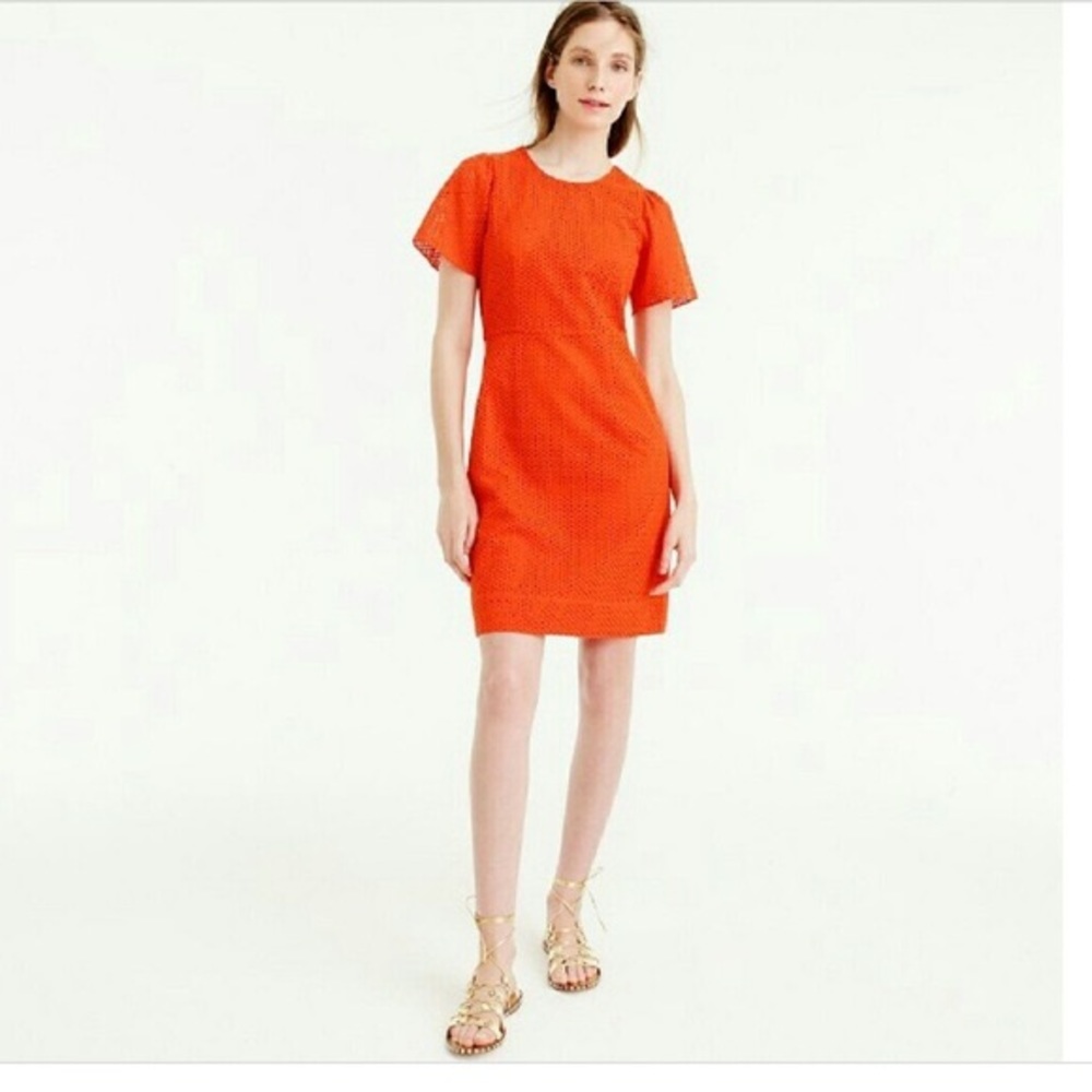 J Crew Flutter Sleeve Dress in Eyelet Orange - NEW